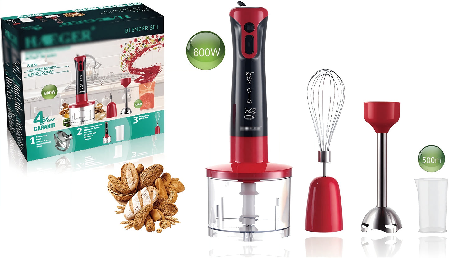 600W Powerful Hand Blender Stick Immersion Blender with Mixing Cup Chopper Whisk Variable Speeds Cooking Machine Juicer,Red