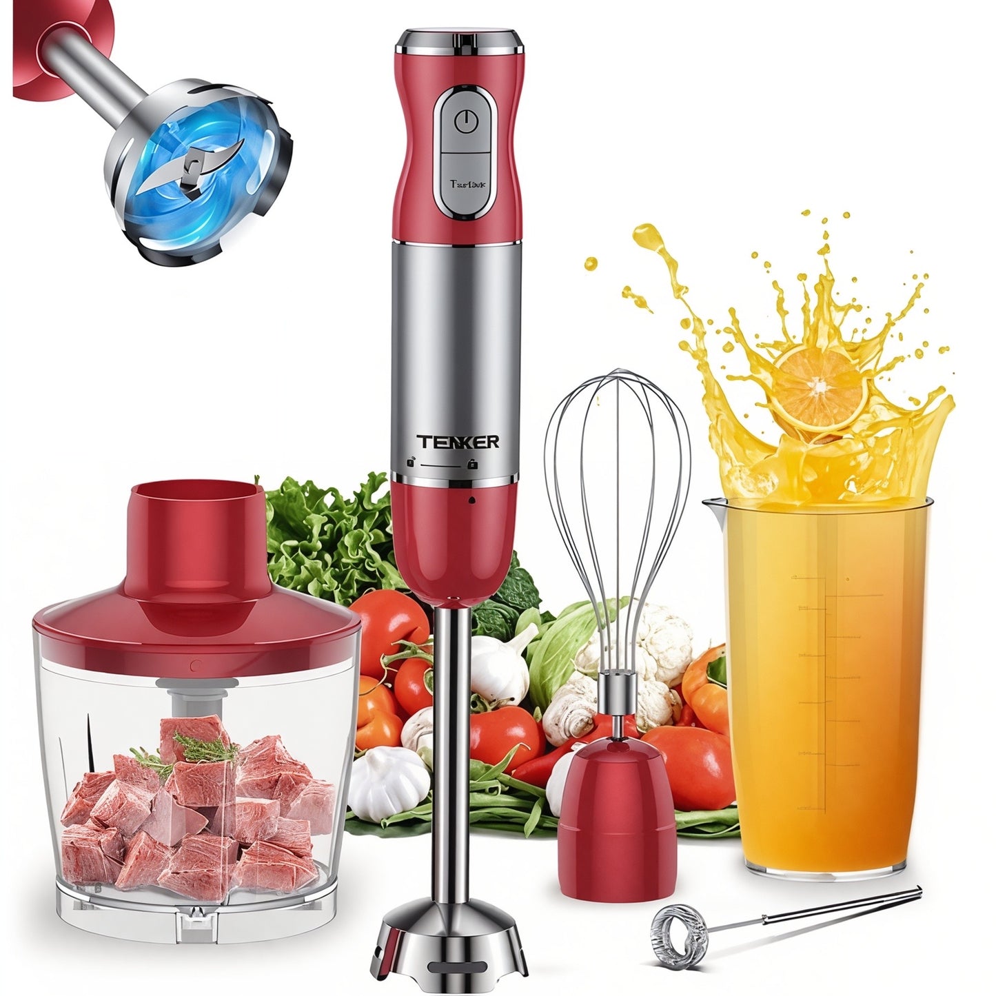 600W Powerful Hand Blender Stick Immersion Blender with Mixing Cup Chopper Whisk Variable Speeds Cooking Machine Juicer,Red